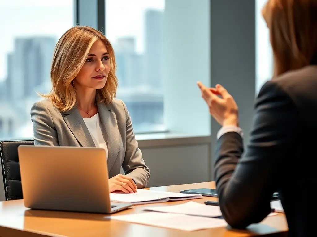 A professional woman receiving coaching in a bright, modern office, with a focus on career planning and development, representing Career Advancement Strategies.