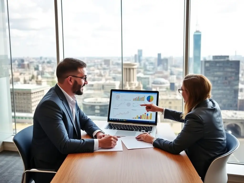 An image of a confident business coach engaging with a client in a modern office setting, with charts and growth metrics displayed, representing Business Growth Coaching.