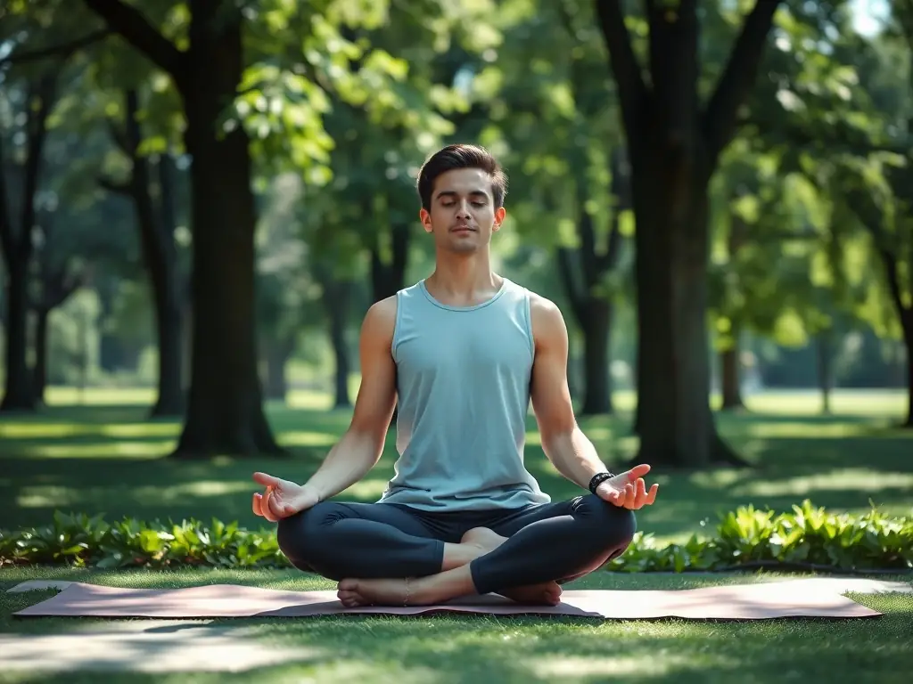 An image of a person meditating outdoors, symbolising mindfulness and mental clarity, with a UK cityscape in the background, representing Mindset Development Program.
