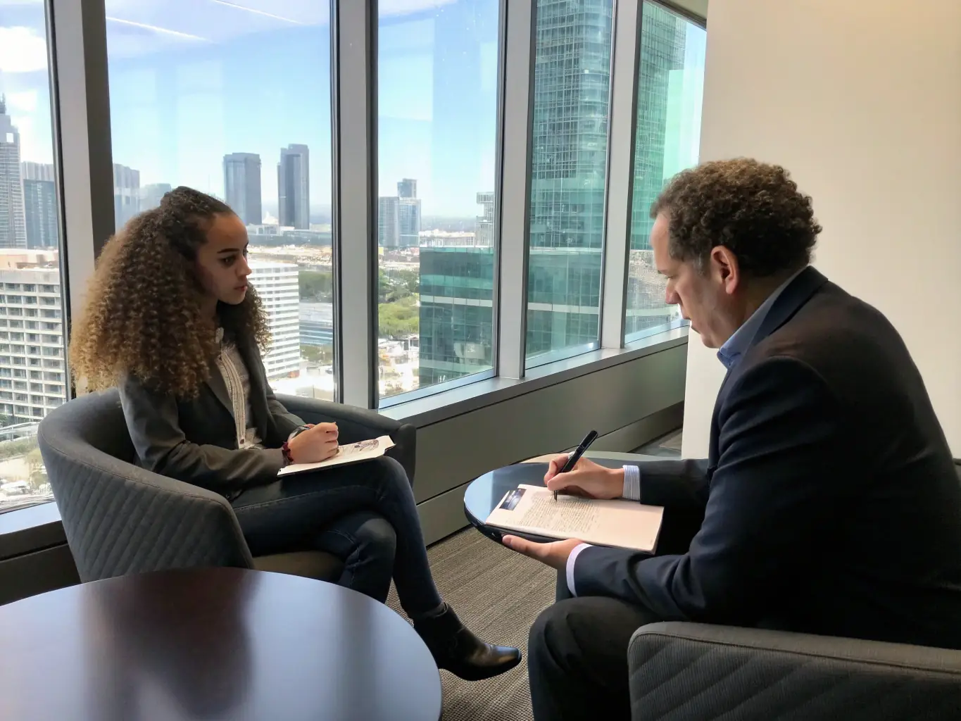 A professional woman receiving coaching in a bright, modern office, with a focus on career planning and development, representing Career Advancement Strategies.