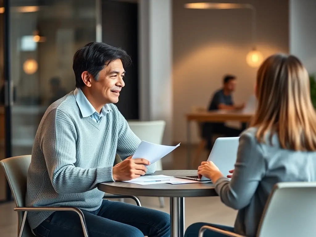 A professional business coach is working with a client in a modern office setting, reviewing business plans and discussing growth strategies, with a focus on strategic planning.